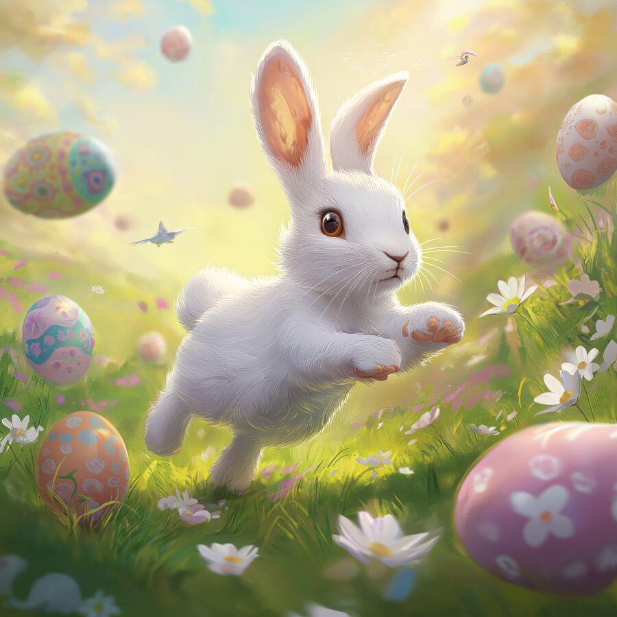 A cute white rabbit hops playfully in grass with colorful Easter eggs and blooming flowers