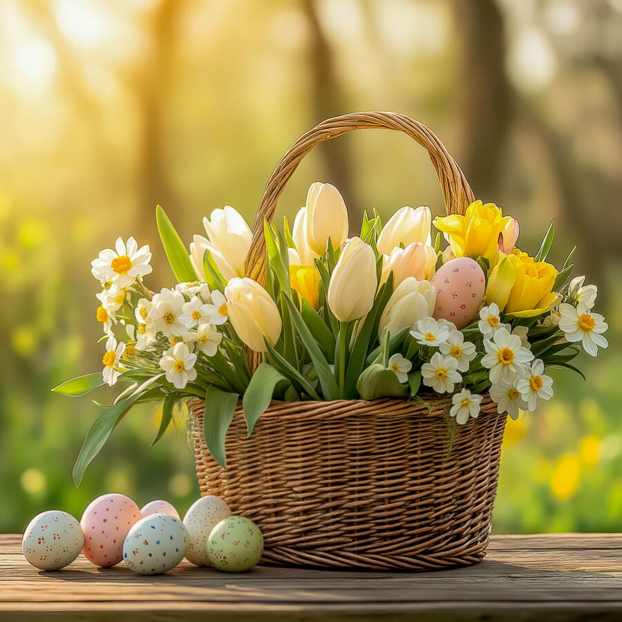 Fresh tulips and daffodils are in a wicker basket with colorful eggs on a sunlit table