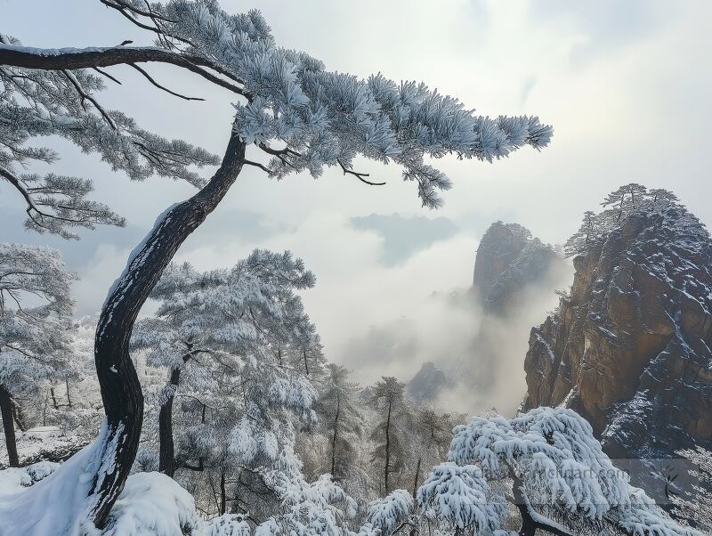 Snow covered trees stand majestically in a forest cloaked in thick frost. Above, white clouds float lazily, while a mysterious fog envelops the landscape, creating a serene, chilly atmosphere.