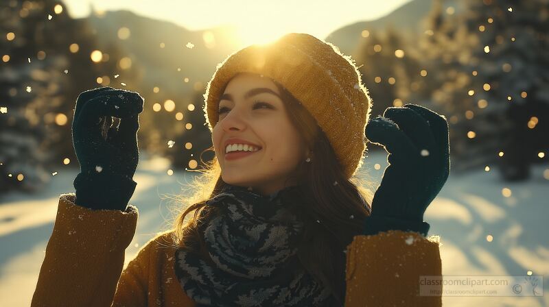 A woman enjoys a sunny winter day smiling as she removes her hat. Surrounded by snowflakes she embraces the warmth of the light in a beautiful mountainous landscape.