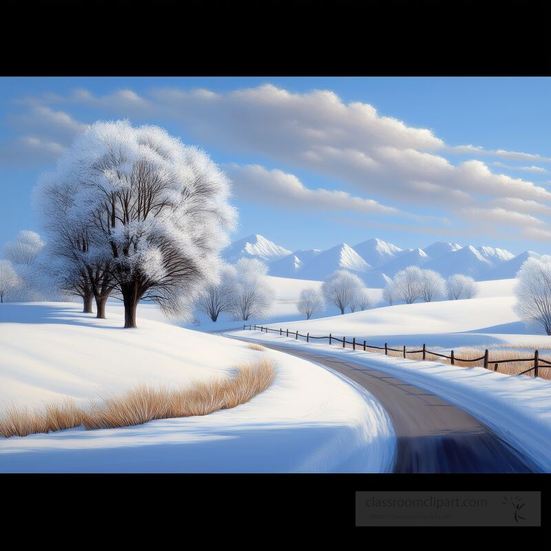 Snow blankets a peaceful landscape featuring frosted trees and distant mountains A winding road leads through the serene winter scene under a clear blue sky