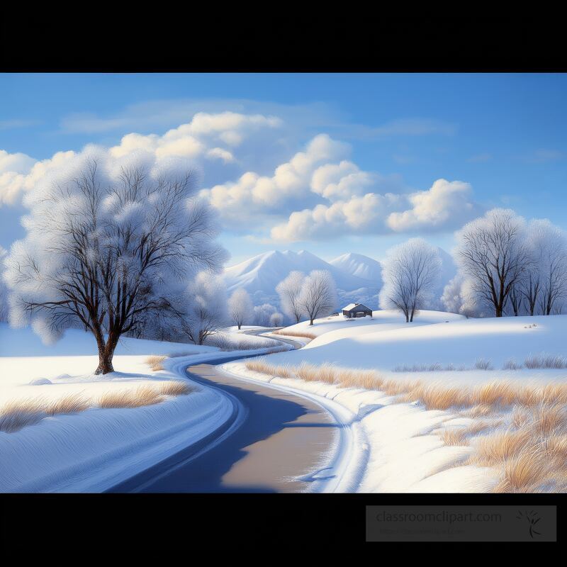 Snow blankets the ground and trees creating a serene winter landscape A winding road leads through the scenery with distant mountains and a small cabin adding charm to the peaceful setting