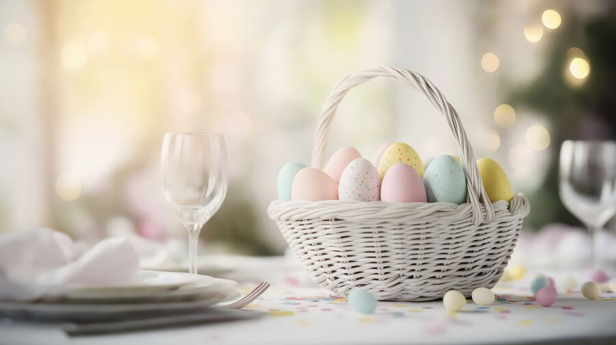 Pastel Easter eggs in a white basket add to the festive vibe of a lovely table setting