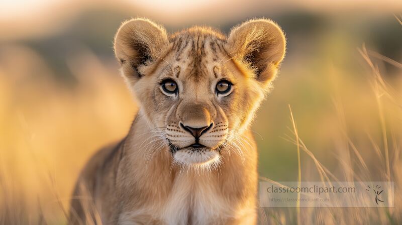 A young lion cub observes its surroundings with bright eyes during sunset The warm golden light highlights the cubs features amidst tall grass in its natural habitat