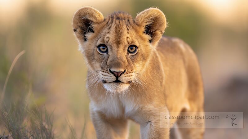 A young lion cub explores its surroundings in the golden grass during sunset The soft light accentuates its fur and piercing eyes creating a calm atmosphere in the wild