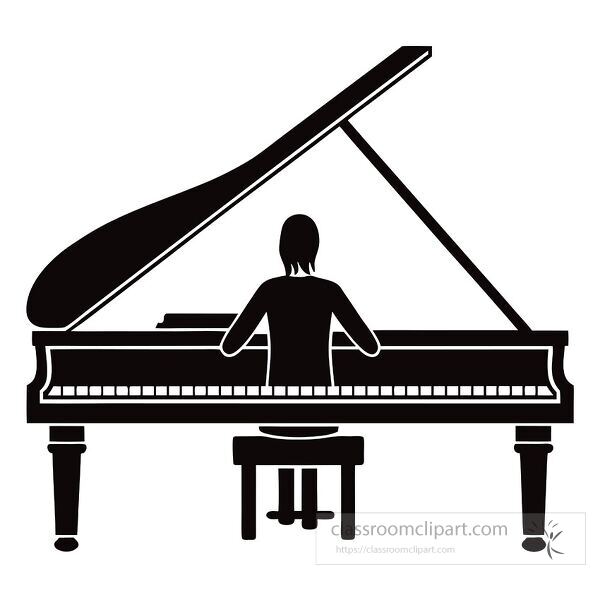  Silhouette of a pianist playing a grand piano at dusk