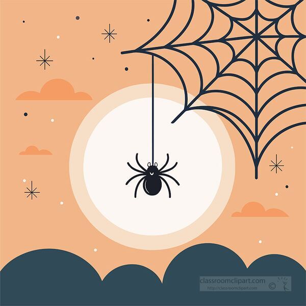 flat Halloween illustration of a spider hanging from its web in front of the moon perfect for spooky seasonal designs