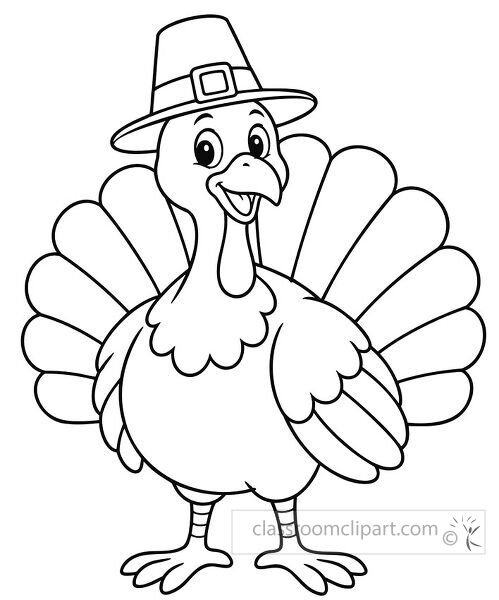 Smiling turkey wearing a pilgrim hat with large tail feathers and bold outlines for Thanksgiving coloring