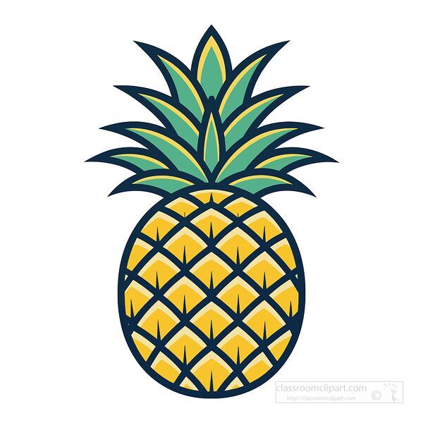 ropical yellow pineapple with detailed green leaves and geometric texture drawn in vector form