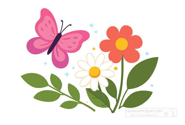 Pink butterfly flying above a white daisy and orange flower with green leaves and small sparkles clipart