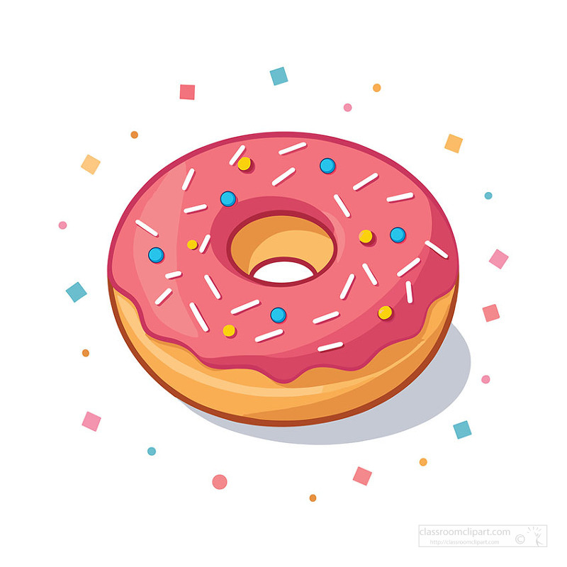 Sweet pink frosted donut with colorful sprinkles in playful bakery style illustration
