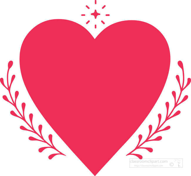 Bright pink heart with leafy accents and a simple decorative sparkle for Mothers Day crafts cards and romantic designs