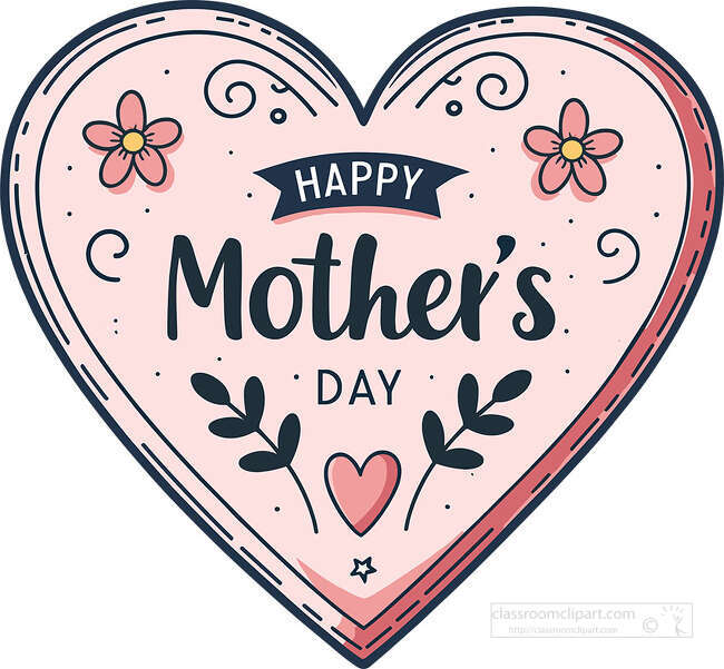 Vintage style Mothers Day heart design with flowers leaves and hand drawn details for greeting cards posters and printables