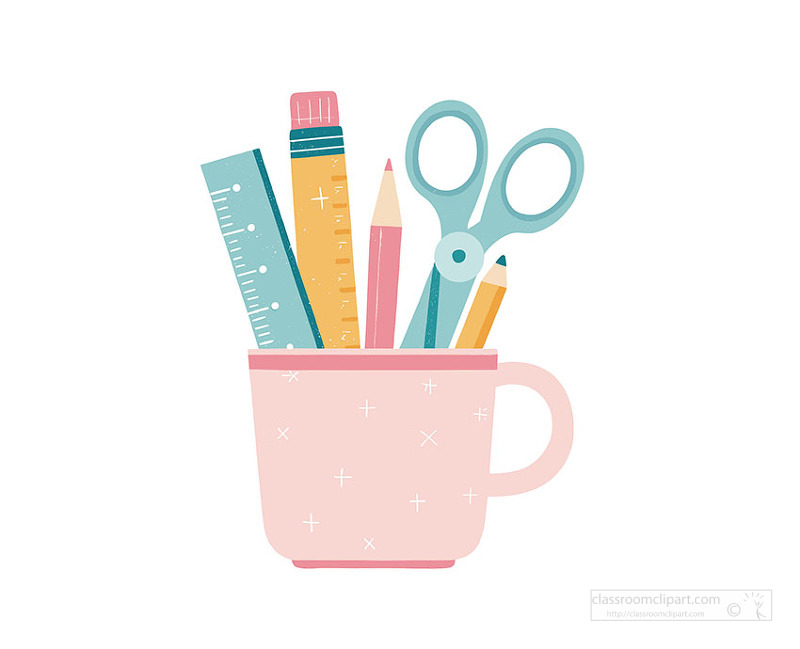 Cute pastel illustration of a pink mug filled with ruler pencils and scissors perfect for back to school classroom decor and teacher planners