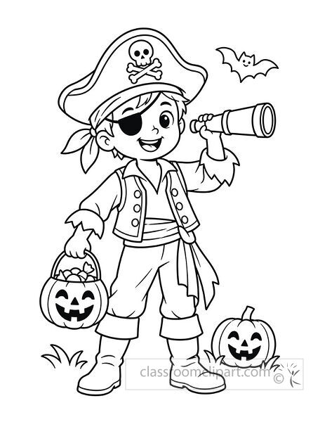 Halloween pirate boy coloring page with eye patch telescope pumpkin candy bucket bat