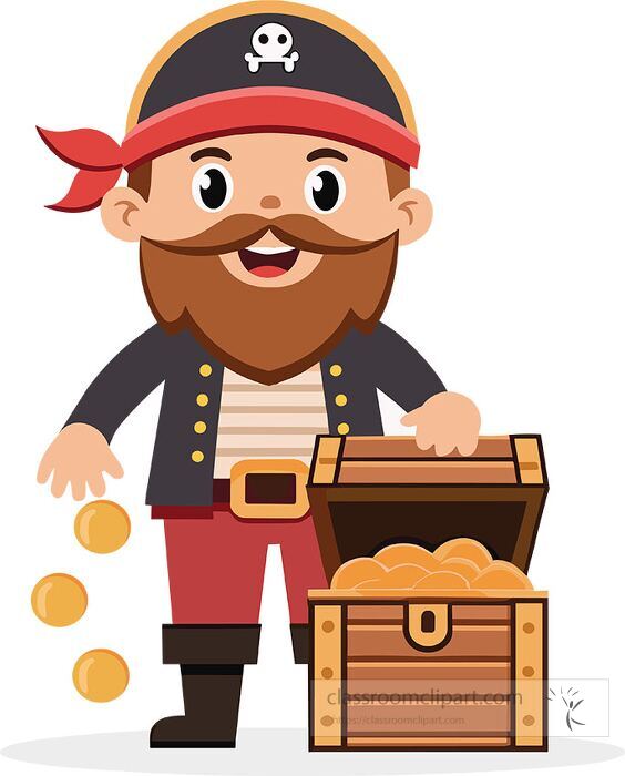 cartoon pirate pouring gold coins into a treasure chest full of loot
