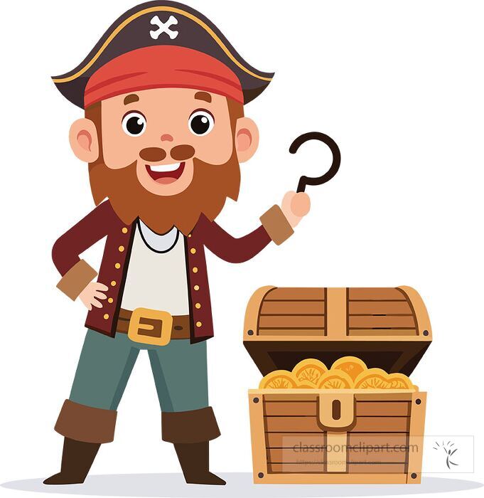 cartoon pirate holding a hook standing next to a treasure chest full of gold coins