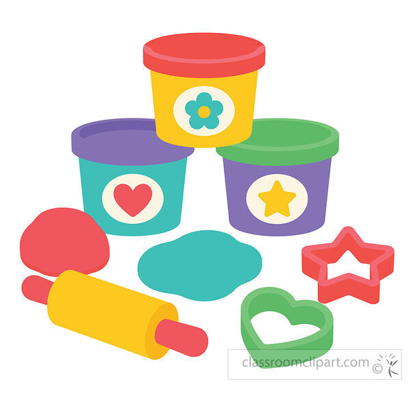 Colorful clipart of play dough cups with rolling pin dough and heart and star shape cutters