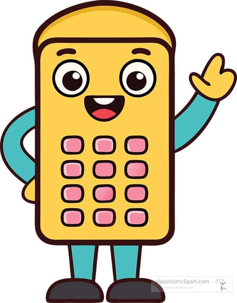 A cheerful cartoon character stands with one hand raised resembling a mobile phone with buttons The character wears a friendly smile and has a vibrant yellow body and colorful arms