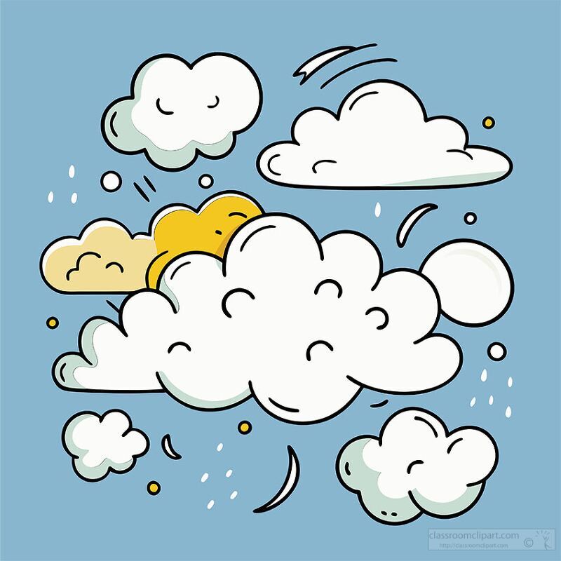 A whimsical illustration of various clouds on a light blue background. The clouds are cartoonish, with smiling faces and different shapes, including fluffy white and a few yellow ones. Decorative elements like dots and lines add a playful touch.