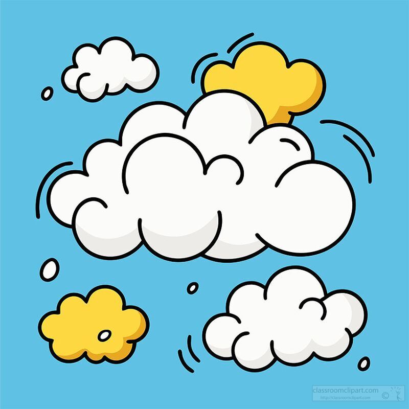 A playful illustration of fluffy white clouds against a bright blue background, featuring a few yellow clouds for contrast. The clouds have a cartoonish style with swirls and curves, adding a whimsical touch.