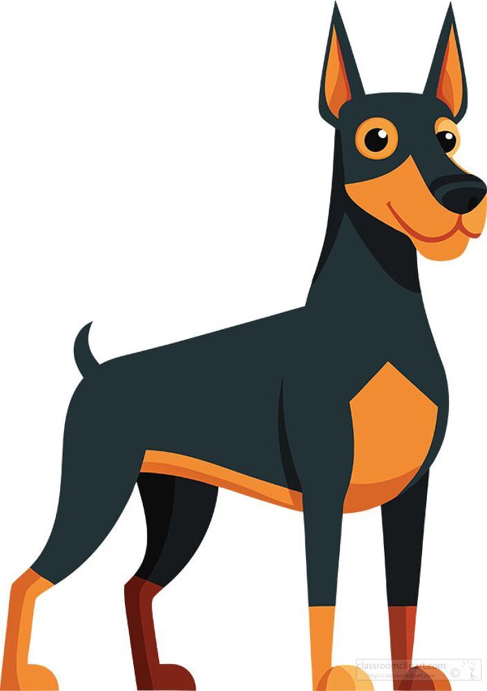 A cheerful cartoon doberman stands with confidence showcasing its distinctive coat colors of black and tan. This artistic representation captures the dogs playful and loyal nature.