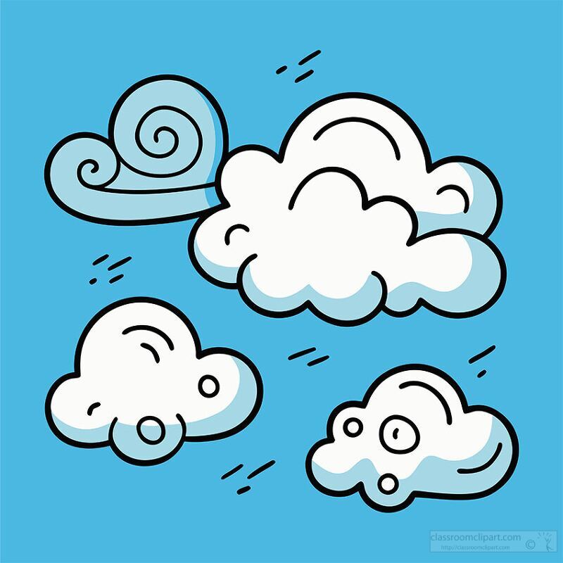 A whimsical illustration of three clouds with varying shapes and sizes against a bright blue background. One cloud has a swirl design, adding a playful touch.