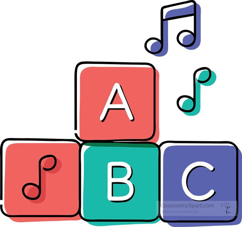 Brightly colored building blocks are creatively arranged to feature letters A B and C alongside cheerful musical notes This design evokes a playful and educational atmosphere