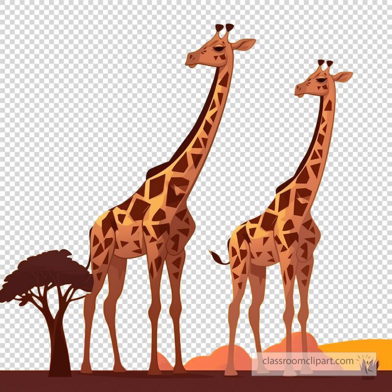 Two cartoon giraffes playfully stand in the African savanna during sunset Their long necks and vibrant patterns create a lively atmosphere among the warm colors of the landscape