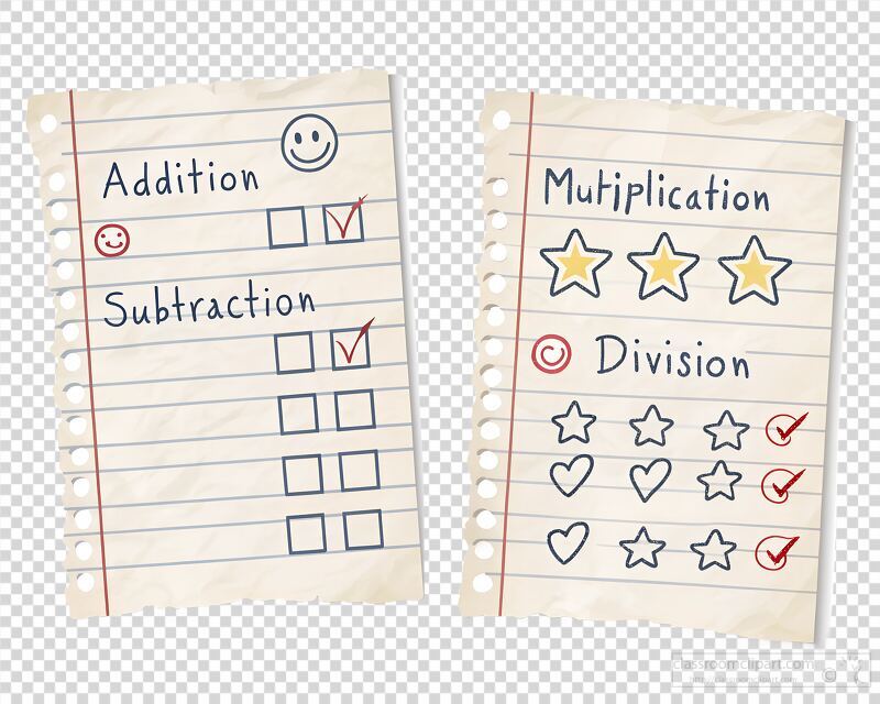 Colorful hand drawn checklists display tasks for addition subtraction multiplication and division. Each section is marked with various symbols and has a lighthearted feel.