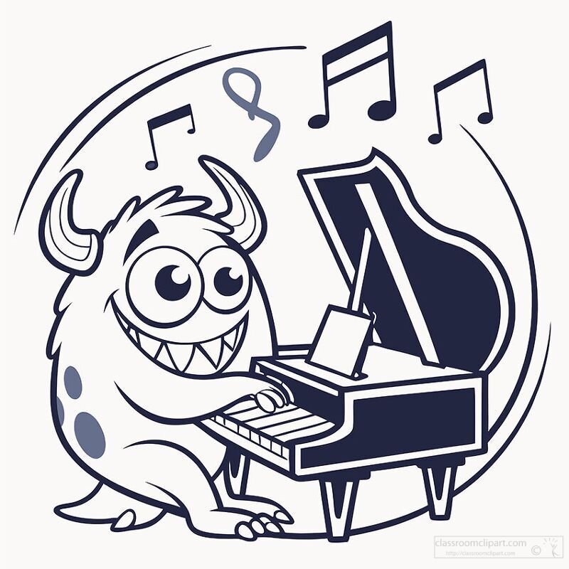 A cheerful monster with horns and spots is joyfully playing a grand piano Musical notes dance around creating a lively atmosphere filled with creativity and fun