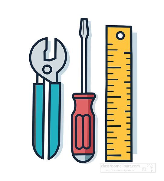 Educational illustration of pliers screwdriver and ruler tool set ideal for construction diy repair guides and classroom learning resources