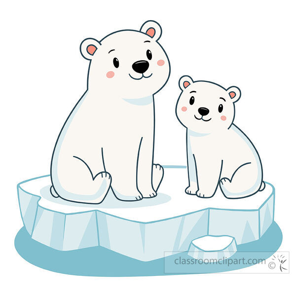 Large polar bear and small cub sit together on one ice floe surrounded by pale blue water