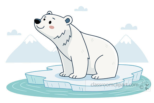 Smiling polar bear sits on a floating ice floe with snowy mountains clouds and blue water