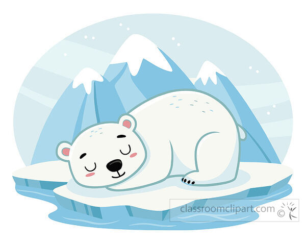 clipart of white polar bear sleeps on an iceberg floating in icy water with snowy mountains