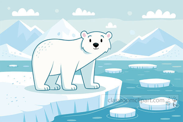 Polar bear stands on arctic ice with blue water floating ice pieces snowy mountains and clouds