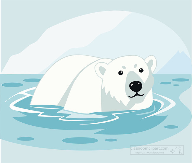 Gentle polar bear floating in cold arctic water with ice and snowy landscape behin