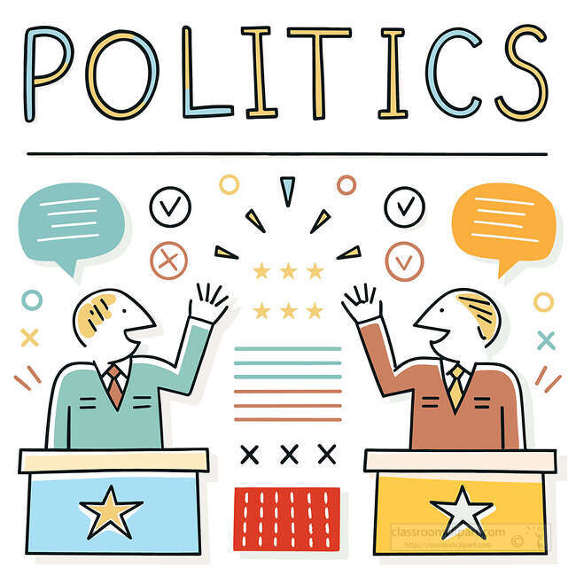 Politics debate scene with two podium speakers speech bubbles ballots check marks stars and politics lettering