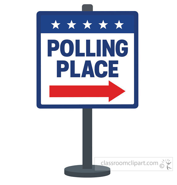 Polling place sign on a post with navy border white stars bold text and red arrow pointing right