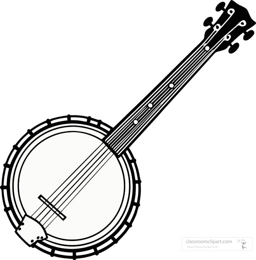 A detailed clip art representation of a banjo showing its round body long neck and strings capturing the essence of this traditional string instrument commonly used in folk music