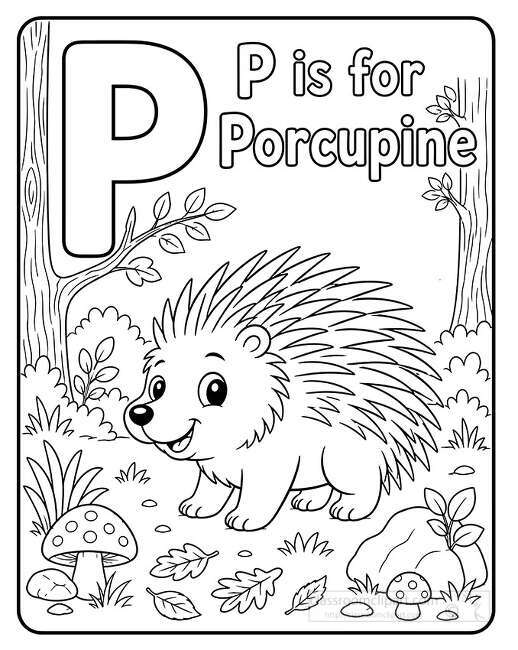 Black and white coloring page showing a smiling porcupine with long quills in a forest scene with mushrooms trees and a large letter P
