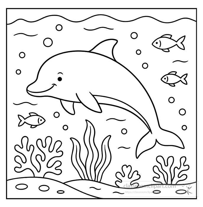 A coloring page of a porpoise swimming through the ocean with fish coral and bubbles in its natural marine habitat