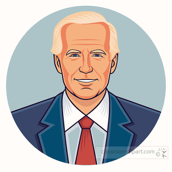 Front facing Portrait of President Biden wearing a dark suit white shirt and red tie inside a blue circle