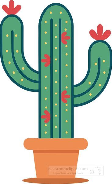 flat illustration of cactus plant in terracotta pot with red flower accents great for botanical and desert design themes