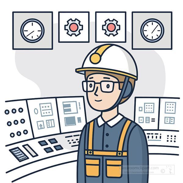 Illustration of power plant engineer wearing helmet and glasses inside control panel room for science and career education