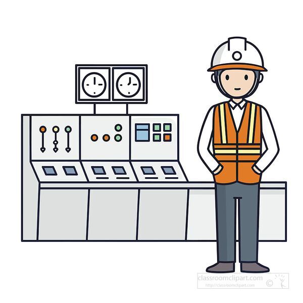 ducational illustration of a power plant operator in helmet and vest standing in control room for career and energy studies