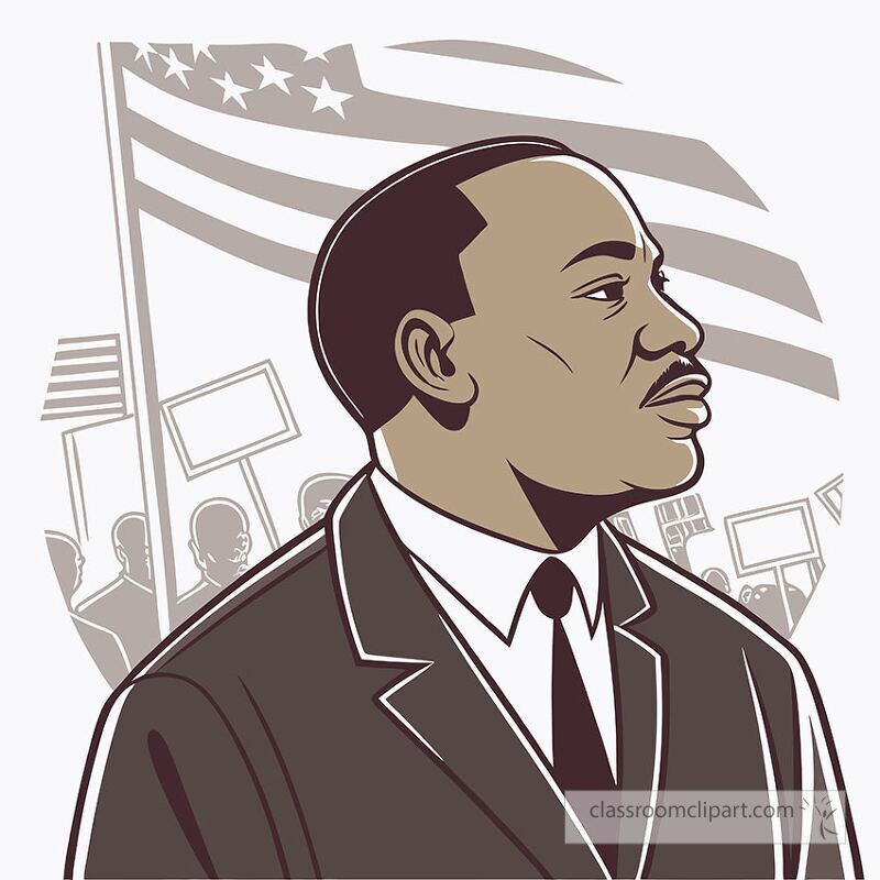 This illustration depicts Martin Luther King standing confidently at a rally with American flags in the background Protesters holding signs highlight the civil rights movements impact