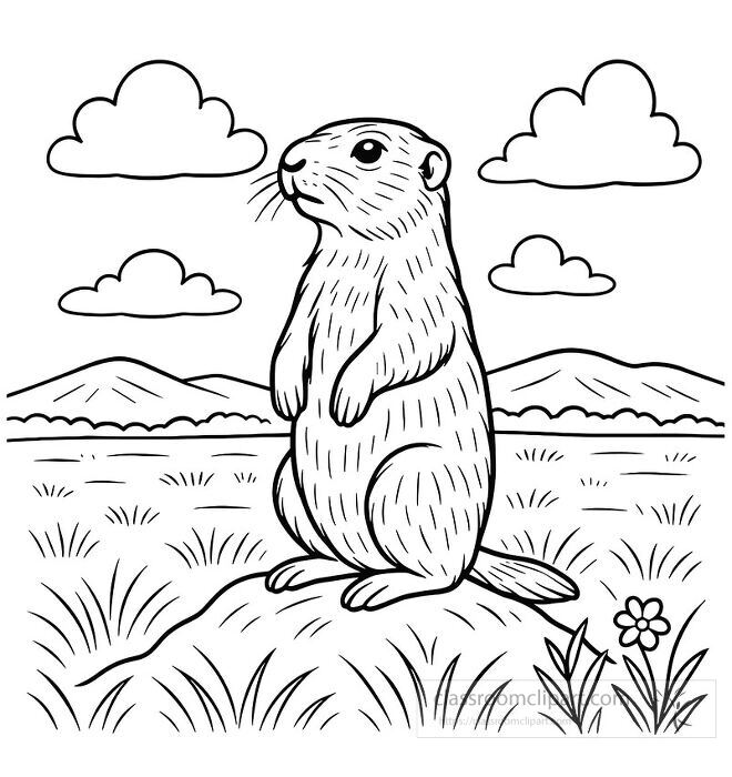 rairie dog in its natural habitat standing on grassy mound with mountains and clouds in the background