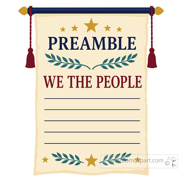 Decorative parchment labeled Preamble and We the People with stars leaves writing lines and red tassels