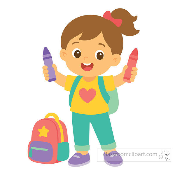 Cute clipart of a smiling preschool girl holding crayons with a backpack and school bag